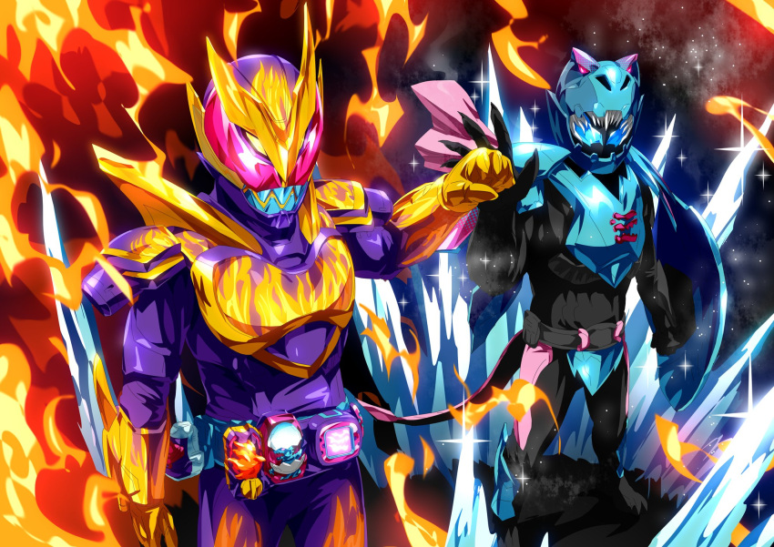 2boys animal_hood barid_rex barid_vice blizzard blue_armor blue_eyes bodysuit clenched_hands demon_boy extra_eyes flame_print gloves gold_horns handshake highres hood ice kamen_rider kamen_rider_revi kamen_rider_revice kamen_rider_vice multiple_boys open_hand otokamu purple_armor purple_bodysuit red_eyes revice_driver rex_genome rider_belt sharp_teeth teeth vistamp volcano_genome volcano_rex yellow_eyes yellow_gloves