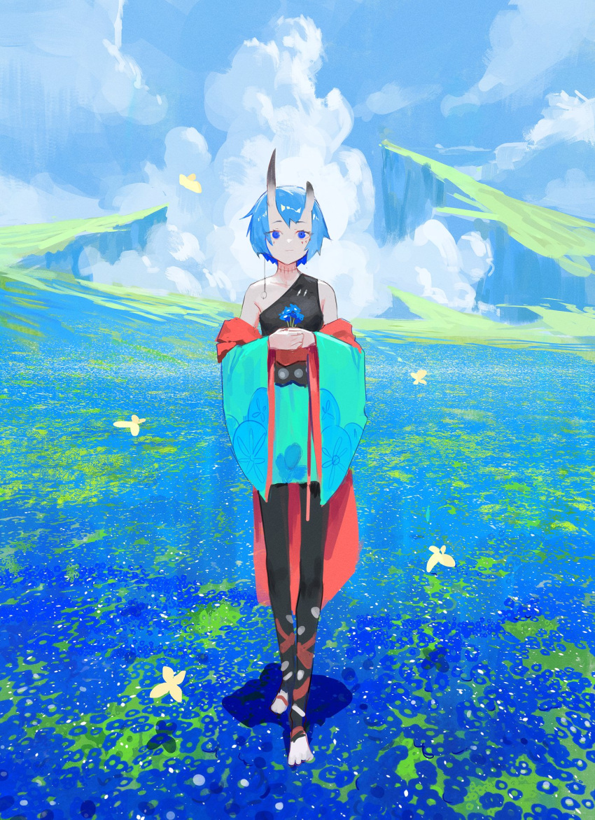 1girl ana_(darr1o) asymmetrical_horns blue_eyes blue_hair borrowed_character bug butterfly day dress earrings full_body highres horns jewelry looking_at_viewer original outdoors short_hair single-shoulder_dress single_earring skin-covered_horns solo standing vertigris