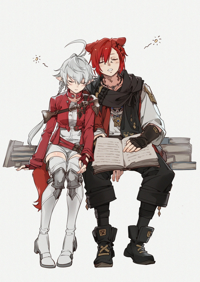 1boy 1girl ahoge alisaie_leveilleur animal_ears armor bangs belt black_gloves black_pants black_scarf book book_stack boots cat_ears closed_eyes commentary cropped_jacket crow0cc elezen elf facial_mark facing_viewer final_fantasy final_fantasy_xiv fingerless_gloves full_body g'raha_tia gloves grey_background hair_ornament highres jacket jewelry leaning_on_person long_hair long_sleeves miqo'te necklace open_book pants parted_lips pauldrons pointy_ears ponytail red_gloves red_hair red_jacket scarf shirt short_hair shoulder_armor silver_hair simple_background single_pauldron sitting sleeping swept_bangs symbol-only_commentary thigh_boots thighhighs vambraces white_footwear white_shirt x_hair_ornament