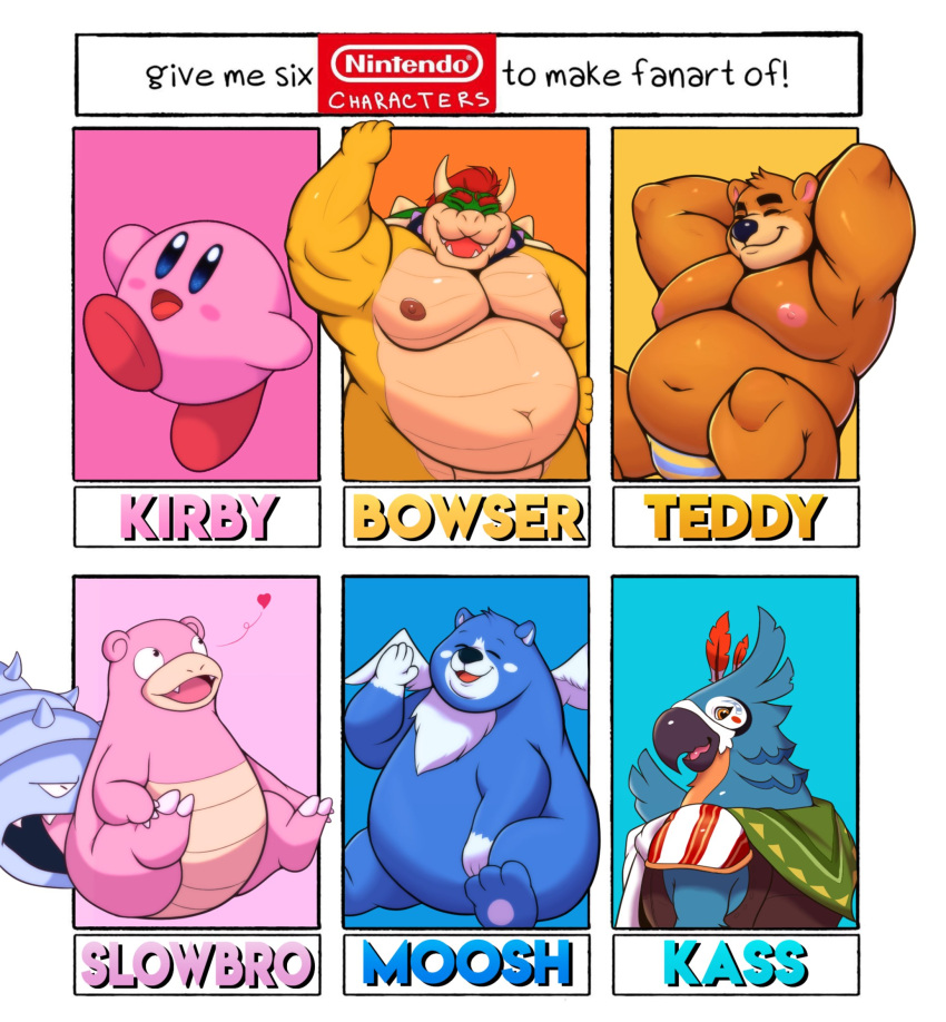 2022 animal_crossing anthro avian belly blue_body bowser breath_of_the_wild clothing exopaz eyes_closed group hi_res kass_(tloz) kirby kirby_(series) koopa male mammal mario_bros moobs moosh navel nintendo nipples oracle_of_ages oracle_of_seasons orange_body overweight overweight_male pink_body pok&eacute;mon pok&eacute;mon_(species) scalie sitting slowbro teddy_(animal_crossing) text the_legend_of_zelda underwear ursid video_games wings