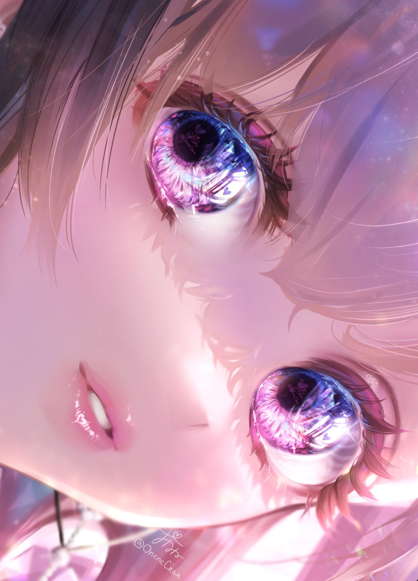 1girl bangs blurry close-up depth_of_field eyelashes face highres lips looking_to_the_side makeup onenechan original overexposure parted_lips purple_eyes solo