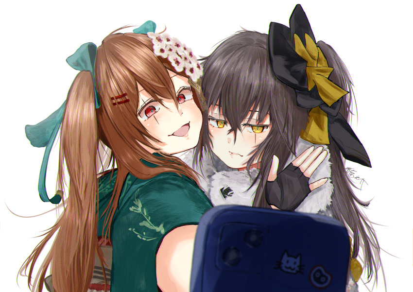 2girls absurdres arm_up bangs black_gloves blush bow brown_hair eyebrows_visible_through_hair fingerless_gloves flower fur-trimmed_kimono fur_trim girls'_frontline gloves hair_bow hair_flower hair_ornament hair_ribbon hairclip highres holding holding_phone japanese_clothes kimono long_hair looking_at_viewer multiple_girls open_mouth phone red_eyes ribbon ryunosuke_nikaido scar scar_across_eye selfie side_ponytail smile twintails ump45_(girls'_frontline) ump45_(lonely_traveler_of_eternity)_(girls'_frontline) ump9_(girls'_frontline) unhappy upper_body white_background yellow_eyes