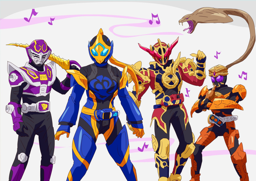 1girl 3boys blue_eyes burakawani_(ooo_combo) cobra_(animal) evol_driver flute gloves highres holding holding_weapon instrument kamen_rider kamen_rider_build_(series) kamen_rider_evol kamen_rider_jeanne kamen_rider_ooo kamen_rider_ooo_(series) kamen_rider_ouja kamen_rider_revice kamen_rider_ryuki_(series) libera_driver multiple_boys musical_note orange_armor orange_gloves otokamu purple_armor red_armor staff summoning sword trait_connection venosaber weapon