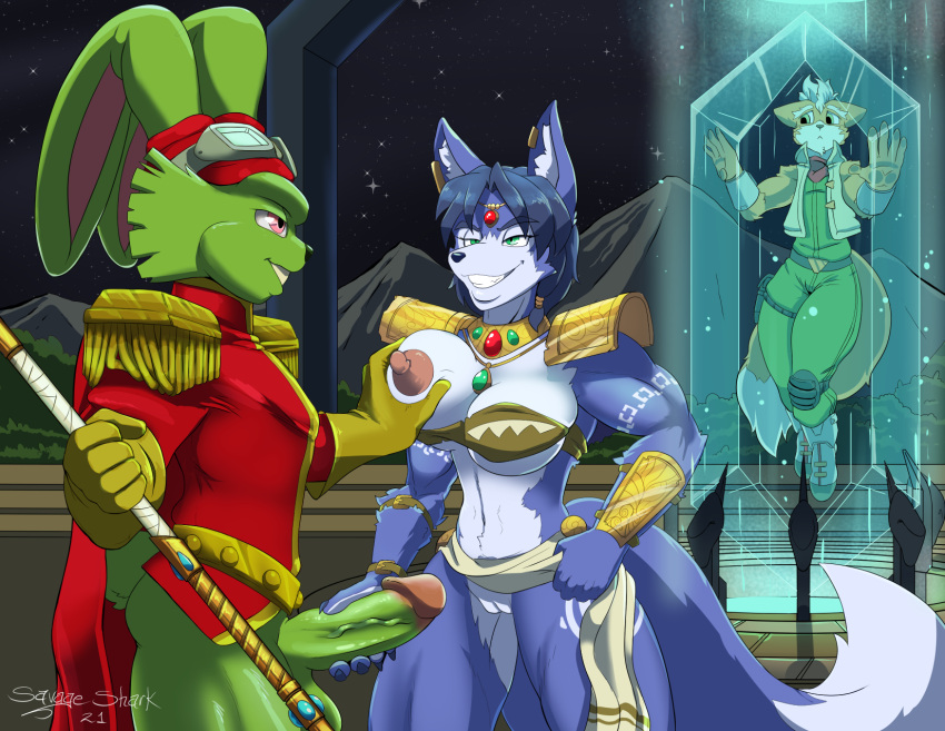 4:3 anthro anthro_on_anthro balls being_watched biped blue_body blue_fur blue_hair breast_grab breasts buckteeth bucky_o'hare bucky_o'hare_(series) canid canine detailed_background duo ear_piercing eyewear female fluffy fluffy_tail fox fox_mccloud fur genitals goggles green_body green_fur hair hand_on_breast handjob hi_res interspecies krystal lagomorph leporid long_ears looking_at_another male male/female mammal masturbation multicolored_body multicolored_fur nintendo nipples open_mouth open_smile orange_body orange_fur penile penis piercing rabbit savageshark sex smile star_fox teeth tongue two_tone_body two_tone_fur vein veiny_penis video_games white_body white_fur yellow_eyes