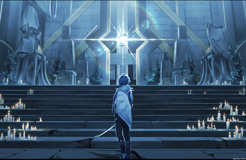 1boy blue_hair candle cape from_behind fur_scarf genshin_impact highres holding holding_sword holding_weapon kaeya_(genshin_impact) kukatsuma light shiny short_hair solo stairs standing sword weapon