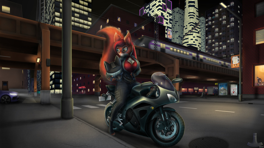 16:9 2022 anthro big_breasts bottomwear breasts city city_background cityscape cleavage cleavage_cutout clothed clothing countershade_face countershade_torso countershading detailed_background digital_media_(artwork) eyelashes eyewear female fur glasses hair hi_res jacket legwear long_hair mammal motorcycle motorcycle_helmet night orange_body orange_fur pants red_hair rodent sciurid solo street street_lamp topwear train tree_squirrel ukon_vasara vehicle widescreen