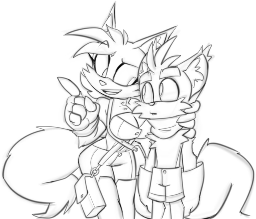 anthro archie_comics arm_on_shoulder bigdad breasts canid canine cleavage clothed clothing duo female fingerless_gloves fiona_fox fox gloves handwear male mammal miles_prower monochrome sega sonic_the_hedgehog_(archie) sonic_the_hedgehog_(comics) sonic_the_hedgehog_(series)