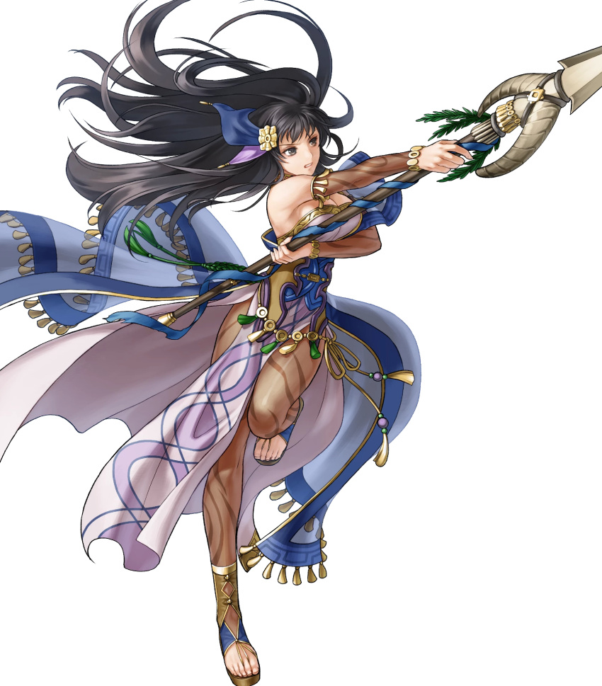 1girl bangs bare_shoulders black_eyes black_hair breasts dress fire_emblem fire_emblem:_the_blazing_blade fire_emblem_heroes full_body gold_trim hair_ornament highres holding holding_weapon karla_(fire_emblem) kita_senri leg_up loincloth long_hair looking_away medium_breasts non-web_source official_art pantyhose parted_lips polearm short_sleeves spear strapless strapless_dress toeless_footwear toes weapon wide_sleeves