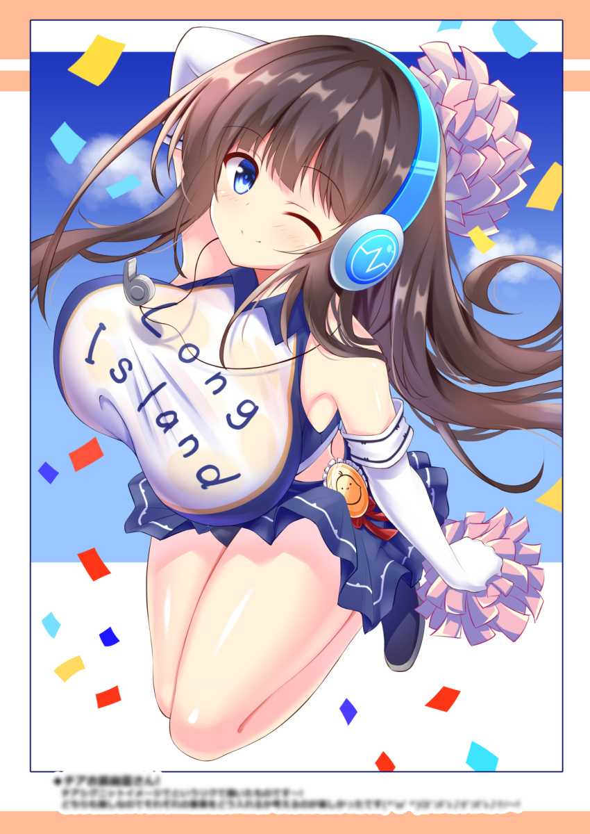 1girl alternate_costume azur_lane bare_shoulders blue_eyes brown_hair comiket_99 confetti cosplay cygnet_(azur_lane) cygnet_(azur_lane)_(cosplay) cygnet_(royal_fanfare)_(azur_lane) elbow_gloves eyebrows_visible_through_hair gloves headphones highres holding holding_pom_poms kamishiro_(rsg10679) long_hair long_island_(azur_lane) looking_at_viewer microskirt midriff one_eye_closed pink_pom_poms pom_pom_(cheerleading) purple_skirt shirt skirt sleeveless sleeveless_shirt solo two-tone_shirt very_long_hair whistle whistle_around_neck white_gloves