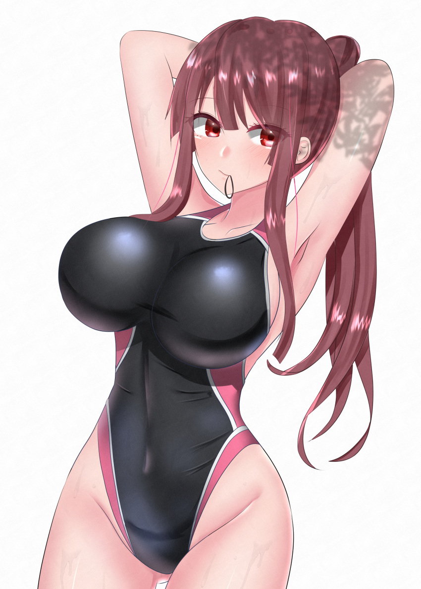 1girl absurdres amamiya_kure arm_behind_head bemani black_swimsuit breasts brown_hair competition_swimsuit cowboy_shot dappled_sunlight highleg highleg_swimsuit highres kureha_(sound_voltex) large_breasts long_hair looking_at_viewer mouth_hold multicolored_clothes multicolored_swimsuit one-piece_swimsuit ponytail red_eyes rubber_band simple_background solo sound_voltex sunlight swimsuit white_background