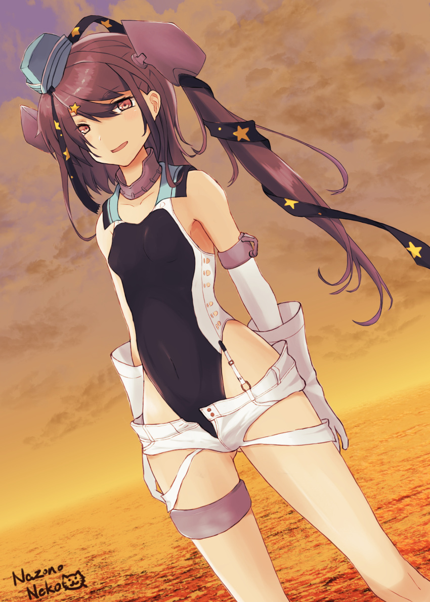 1girl aqua_headwear artist_name black_ribbon black_swimsuit commentary_request competition_swimsuit cowboy_shot dutch_angle garrison_cap gloves grey_hair hair_ornament hair_ribbon hat highleg highleg_swimsuit highres horizon kantai_collection long_hair nazono_neko ocean one-piece_swimsuit orange_sky outdoors red_eyes ribbon scamp_(kancolle) short_shorts shorts side_ponytail sky solo standing star_(symbol) star_hair_ornament sunset swimsuit white_gloves white_shorts