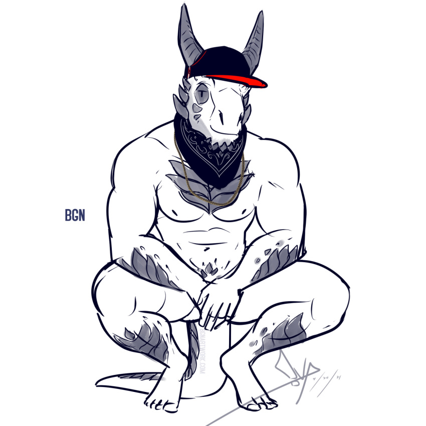 anthro bandanna bgn clothing covering covering_self crouching dante_(bgn) dot_eyes dragon hat headgear headwear hi_res horn jewelry kerchief looking_at_viewer male necklace nude pose scales sketch solo