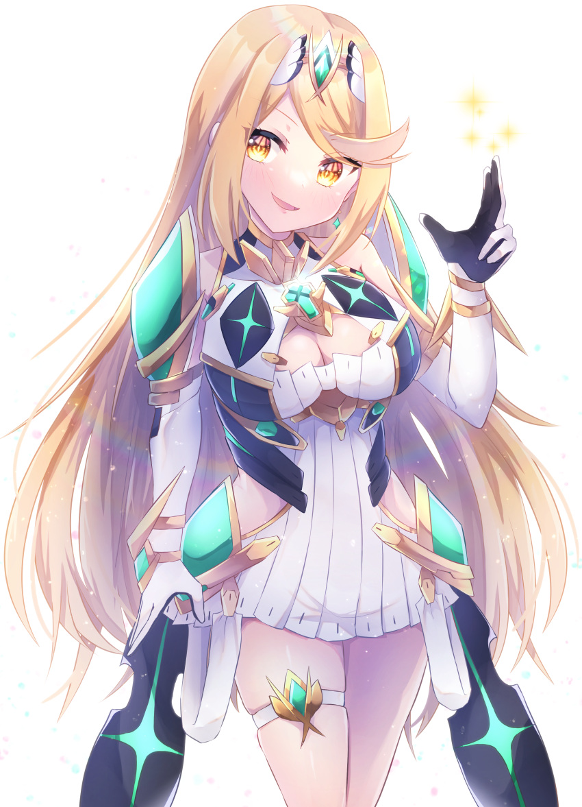 absurdres amanoru_mozuku bangs bare_legs bare_shoulders blonde_hair breasts chest_jewel cleavage cleavage_cutout clothing_cutout dress earrings elbow_gloves gem gloves headpiece highres jewelry large_breasts long_hair mythra_(xenoblade) short_dress swept_bangs thigh_strap tiara very_long_hair white_dress white_gloves xenoblade_chronicles_(series) xenoblade_chronicles_2 yellow_eyes