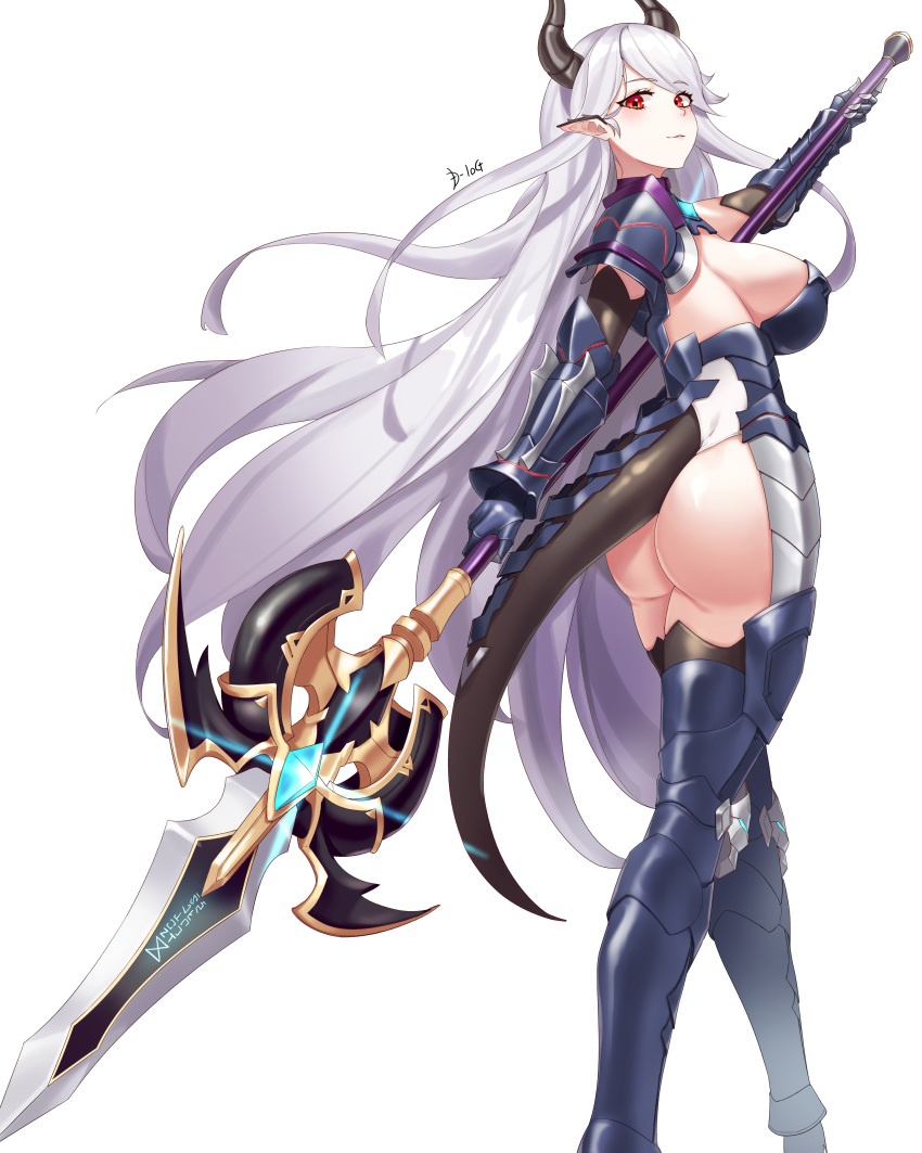 1girl absurdres armor armored_leotard ass boots breasts d-log dragon_girl dragon_horns dragon_tail ear_covers epic_seven from_behind gauntlets highres horns large_breasts leotard long_hair looking_at_viewer looking_back luna_(epic_seven) pointy_ears polearm red_eyes shoulder_armor sideboob smile spear tail tail_armor thigh_boots thighhighs thong thong_leotard very_long_hair weapon white_hair white_leotard