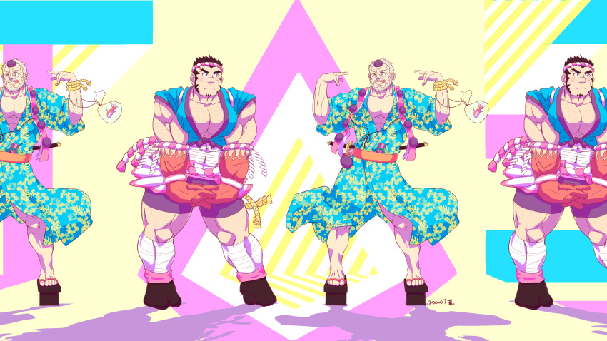 2boys :q alternate_costume arm_hair bara beard blush chest_hair covered_abs dancing facial_hair hachimaki happi headband highres hogen_(housamo) interlocked_fingers japanese_clothes large_pectorals long_sideburns looking_at_another male_focus mature_male midriff_sarashi multiple_boys muscular muscular_male nejiri_hachimaki old old_man pectoral_cleavage pectorals sarashi saro_(rotsw_00022) short_hair sideburns standing tajikarao_(housamo) textless thick_eyebrows thick_thighs thighs tied_sleeves tokyo_afterschool_summoners tongue tongue_out tusks