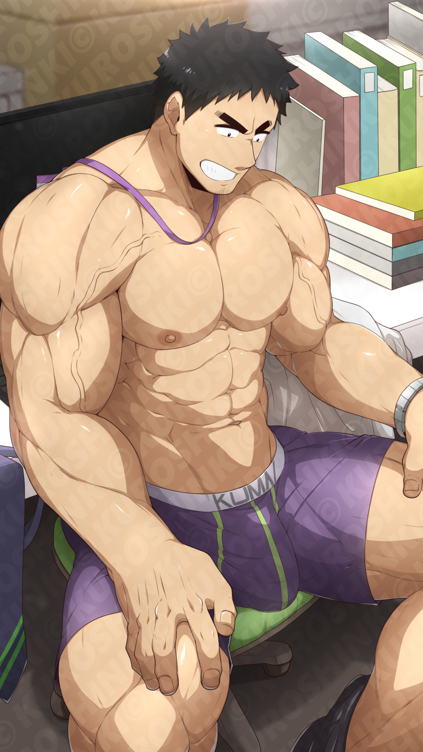 1boy abs absurdres bara black_hair boxer_briefs bulge facial_hair highres kuroshinki large_pectorals male_focus male_underwear muscular muscular_male navel nipples pectorals purple_male_underwear reward_available senpai_ga_uzai_kouhai_no_hanashi short_hair sitting smile solo stubble takeda_harumi_(shiromanta) teeth thick_thighs thighs underwear watch wristwatch