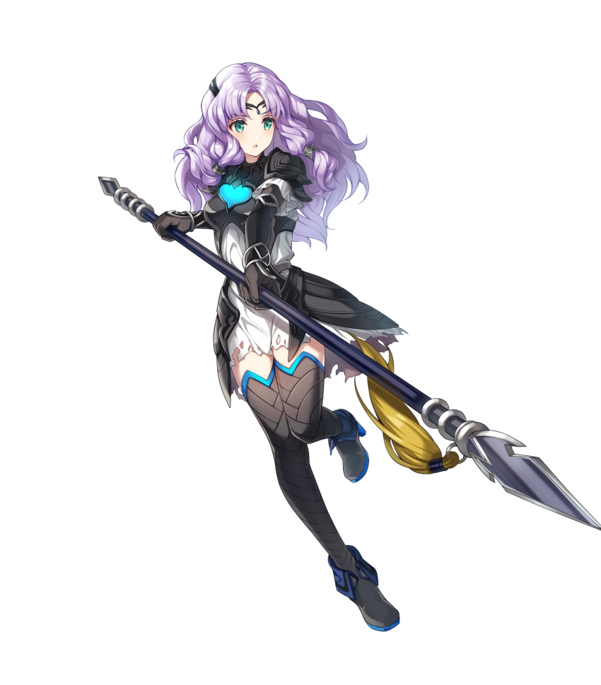1girl alternate_costume ankle_boots armor bangs black_armor boots breasts circlet dress fire_emblem fire_emblem:_the_blazing_blade fire_emblem_heroes florina_(fire_emblem) full_body gloves green_eyes highres holding holding_weapon jewelry leg_up long_hair long_sleeves looking_away medium_breasts non-web_source official_art open_mouth parted_bangs polearm purple_hair ringozaka_mariko shiny shiny_hair short_dress solo spear thighhighs torn_clothes transparent_background weapon white_dress zettai_ryouiki