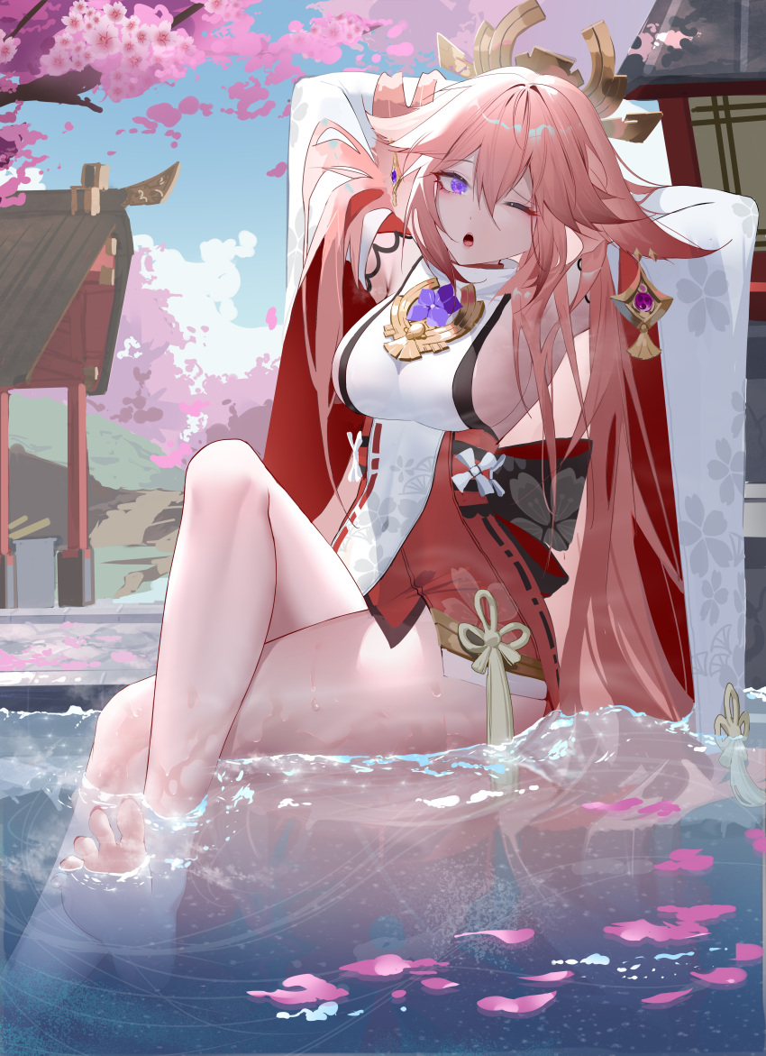 1girl ;o absurdres armpits barefoot blue_sky breasts cherry_blossoms crossed_legs genshin_impact hair_between_eyes hair_ornament highres japanese_clothes large_breasts long_hair looking_at_viewer miko one_eye_closed open_mouth partially_submerged pink_hair purple_eyes rib_(rib_delesetong) sideboob sitting sky soles thighs toes tree water wet yae_(genshin_impact)