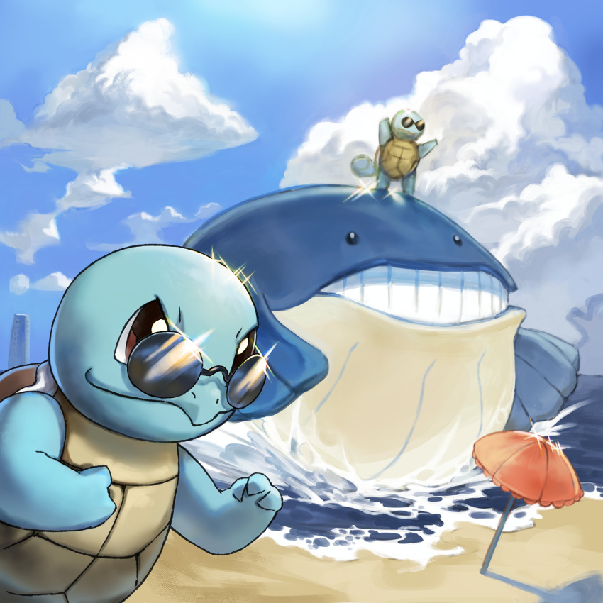 beach_umbrella brown_eyes closed_mouth cloud commentary_request day glint highres level-00 no_humans outdoors pokemon pokemon_(creature) sand shore sky smile sparkle squirtle standing sunglasses umbrella wailmer water