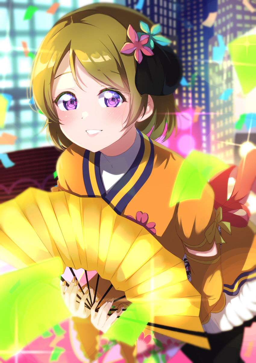 1girl absurdres angelic_angel commentary_request detached_sleeves flower hair_flower hair_ornament hand_fan highres holding holding_fan japanese_clothes kimono koizumi_hanayo light_brown_hair long_sleeves looking_at_viewer love_live! nail_polish orange_kimono parted_lips purple_eyes short_hair short_kimono smile solo sophiaenju wide_sleeves yellow_nails