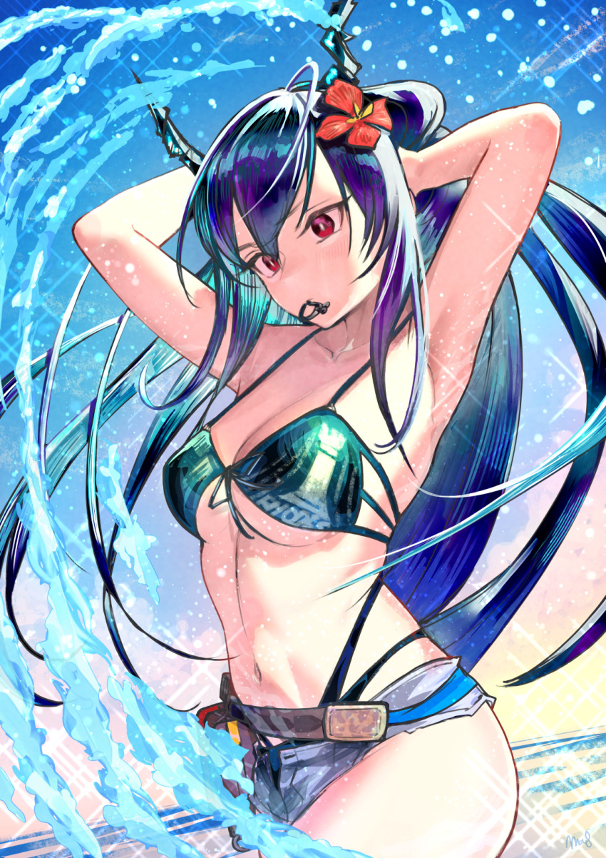 1girl arknights armpits arms_up bangs bikini black_bikini blue_hair breasts ch'en_(arknights) ch'en_the_holungday_(arknights) commentary_request cowboy_shot dragon_horns flower grey_shorts hair_flower hair_ornament hair_tie_in_mouth hands_in_hair highres horns medium_breasts micro_shorts mouth_hold navel outdoors partial_commentary red_eyes red_flower shorts solo standing stomach swimsuit wanko_(realsight) water water_drop