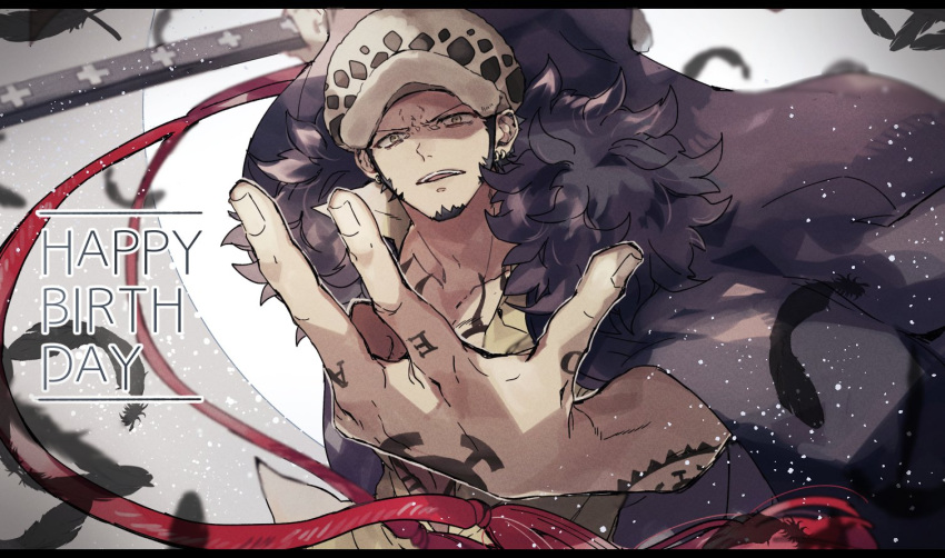 1boy coat coconut_ss facial_hair feathers fur-trimmed_coat fur_trim hand_gesture happy_birthday hat holding holding_sword holding_weapon male_focus one_piece sleeves_rolled_up solo sword tattoo trafalgar_law weapon
