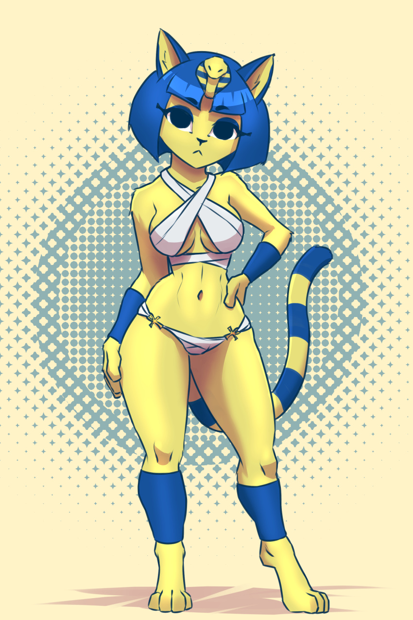 2:3 4_toes absurd_res animal_crossing ankha_(animal_crossing) anthro barefoot blue_hair breasts clothed clothing domestic_cat feet felid feline felis female fur hair hi_res looking_at_viewer mammal mykegreywolf nintendo toes video_games yellow_body yellow_fur