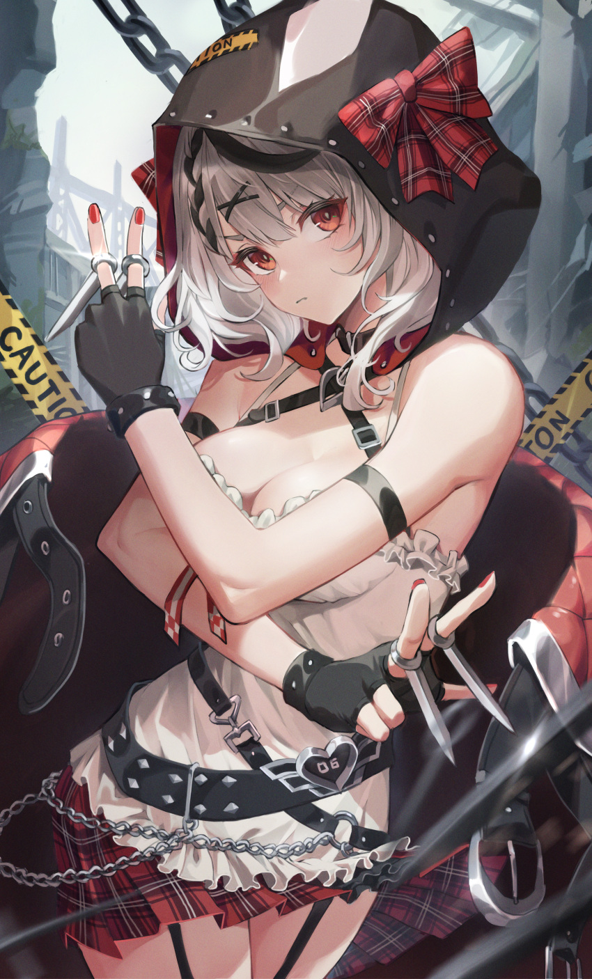 1girl absurdres bangs black_collar black_hair bow breasts camisole caution chain cleavage collar fingerless_gloves frilled_camisole gloves highres hololive hood looking_at_viewer multicolored_hair netural orca_hood red_eyes sakamata_chloe silver_hair solo streaked_hair virtual_youtuber weapon