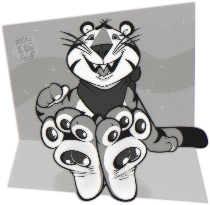 anthro black_and_white crossed_ankles dogeoisie feet felid foot_fetish foot_focus frosted_flakes fur gesture hi_res kellogg's looking_at_viewer male mammal mascot monochrome pantherine pawpads paws pointing pointing_at_foot sharp_teeth soles solo striped_body striped_fur stripes teeth tiger tongue tongue_out tony_the_tiger wrinkled_feet