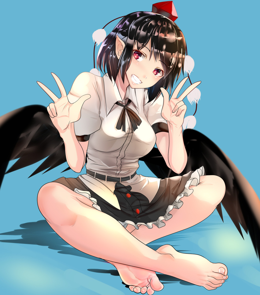 1girl barefoot belt bird_wings black_belt black_hair black_ribbon black_skirt black_wings breasts collared_shirt double_v eyebrows_visible_through_hair feathered_wings frilled_skirt frills greek_toe grin hat highres hizagawa_rau indian_style light_blue_background medium_breasts pointy_ears pom_pom_(clothes) puffy_short_sleeves puffy_sleeves red_eyes red_headwear ribbon shameimaru_aya shirt short_hair short_sleeves simple_background sitting skirt smile soles tengu toes tokin_hat touhou v white_shirt wings