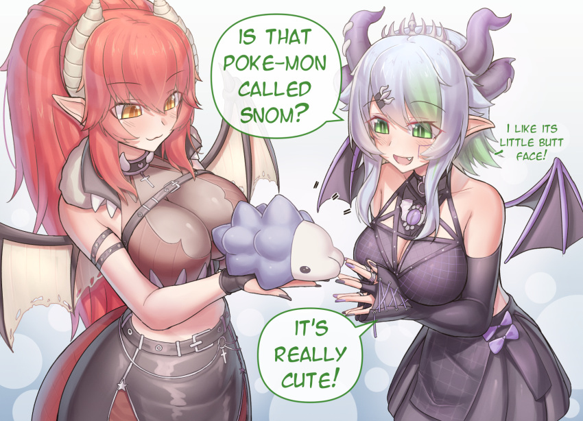 ! 2girls :3 ? bare_shoulders breasts bsapricot_(vtuber) cleavage cowboy_shot cross detached_sleeves dragon_girl dragon_horns dragon_tail dragon_wings english_commentary english_text eyebrows_visible_through_hair fang fingerless_gloves fingernails gloves hair_between_eyes hair_ornament hairclip highres horns hungrydurp large_breasts lich long_hair looking_at_animal multiple_girls multiple_horns pointy_ears pokemon ponytail purple_nails red_eyes short_hair snom speech_bubble standing tail tongue virtual_youtuber vshojo wings yellow_eyes zentreya_(vtuber)