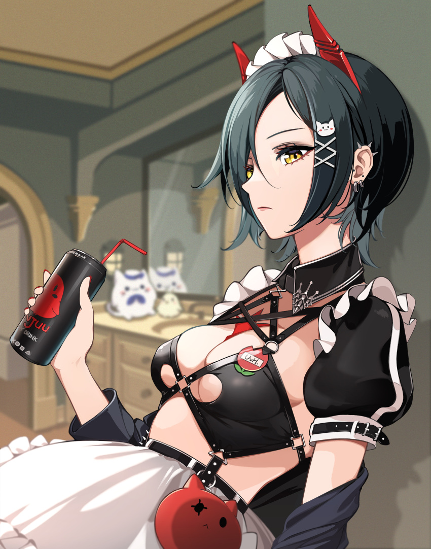 1girl absurdres azur_lane bangs bikini bikini_top_only black_bra black_hair bra breasts cleavage closed_mouth eyebrows_visible_through_hair hair_ornament hairclip highres holding holding_jar horns jar looking_at_viewer maid_bikini maid_headdress manjuu_(azur_lane) medium_breasts meowfficer_(azur_lane) official_alternate_costume rabe26k short_hair simple_background sitting solo swimsuit ulrich_von_hutten_(azur_lane) ulrich_von_hutten_(mayhem_maid)_(azur_lane) underwear upper_body yellow_eyes