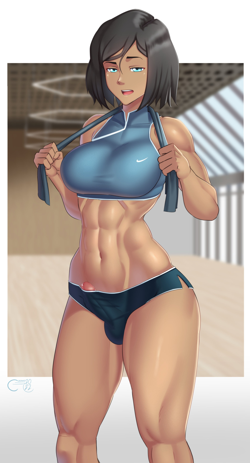 1girl 2022 abs absurdres artist_name avatar:_the_last_airbender avatar_(series) black_hair blue_eyes bulge castell commentary dark-skinned_female dark_skin dated english_commentary feet_out_of_frame futanari hair_between_eyes highres korra looking_at_viewer muscular muscular_female navel nike open_mouth penis precum short_hair solo teeth tongue watermark