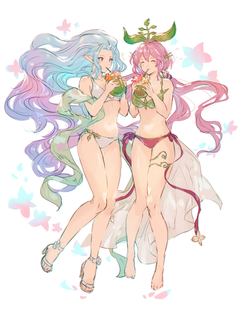 2girls ^_^ bare_arms bare_legs barefoot bikini blue_hair breasts character_request closed_eyes closed_mouth coconut collarbone drinking drinking_straw floating_hair full_body gradient_hair granblue_fantasy green_bikini groin highres holding long_hair medium_breasts mismatched_bikini multicolored_hair multiple_girls pink_hair pointy_ears purple_eyes red_bikini red_ribbon ribbon shimatani_azu shiny shiny_hair side-tie_bikini sketch swimsuit tiamat_(granblue_fantasy) very_long_hair white_background white_bikini yggdrasil_(granblue_fantasy)