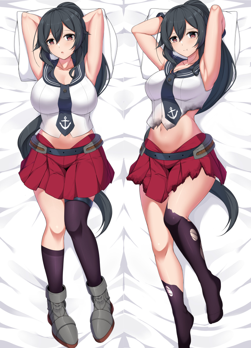 1girl absurdres anchor_symbol black_hair black_legwear black_necktie breasts brown_eyes commission dakimakura_(medium) gloves highres kantai_collection large_breasts long_hair midriff miniskirt navel necktie pleated_skirt ponytail red_skirt sheita shirt sidelocks single_thighhigh skirt sleeveless sleeveless_shirt thighhighs torn_clothes torn_legwear torn_shirt torn_skirt white_gloves white_shirt yahagi_(kancolle)