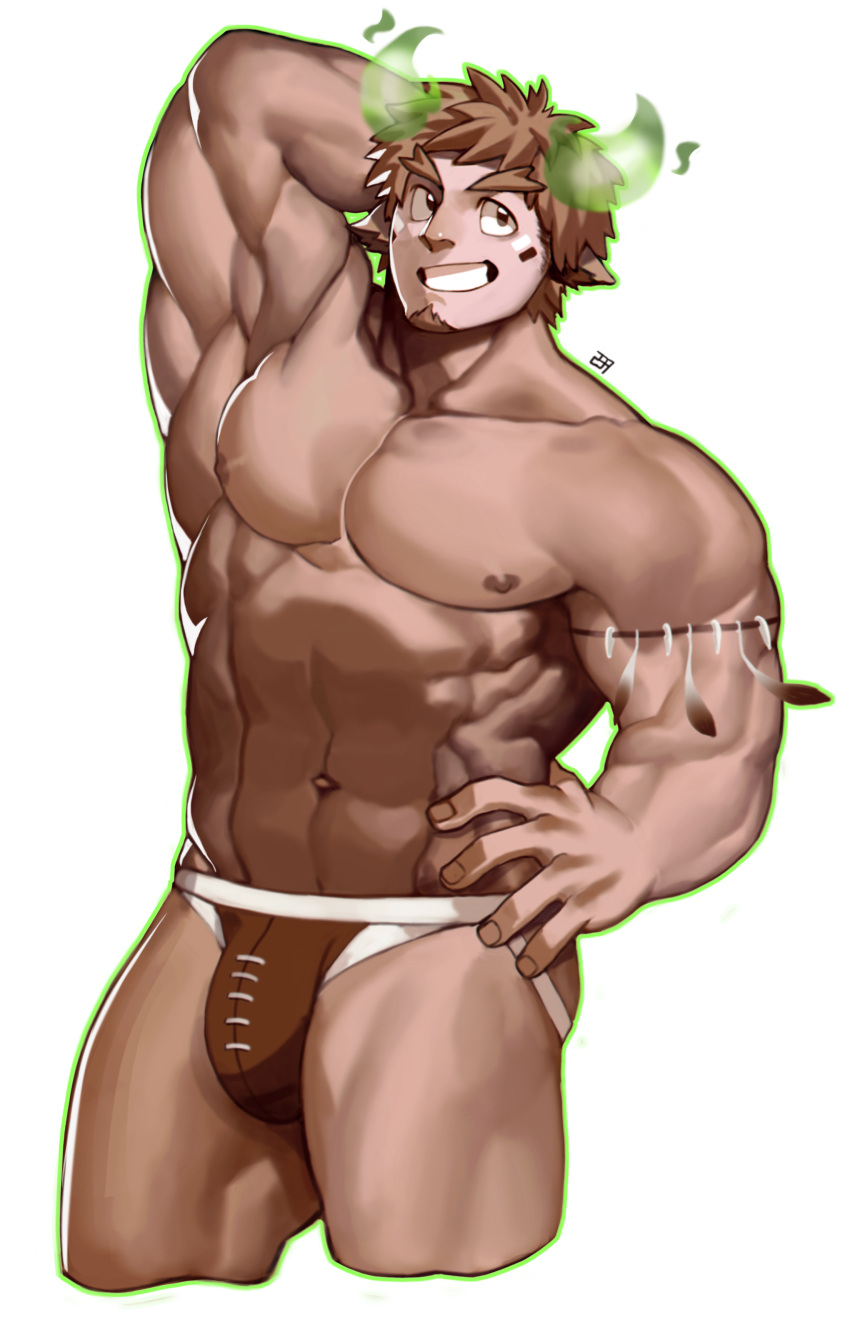 1boy 239_239 :d abs absurdres animal_ears armpits bara brown_eyes brown_hair brown_male_underwear bulge cow_boy cow_ears cow_horns cropped_legs fiery_horns forked_eyebrows glowing_horns highres horns jockstrap large_pectorals male_focus male_underwear muscular muscular_male navel nipples pectorals rugby_underwear short_hair smile solo spiked_hair stomach thick_eyebrows thick_thighs thighs tokyo_afterschool_summoners topless_male underwear underwear_only wakan_tanka