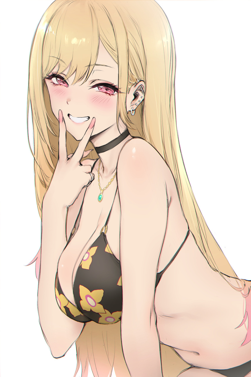 1girl bikini bikini_top_only blonde_hair blush breasts choker cleavage cunnilingus_gesture ear_piercing earrings grin haoni highres jewelry kitagawa_marin large_breasts leaning_forward looking_at_viewer naughty_face navel necklace piercing red_eyes seductive_smile smile sono_bisque_doll_wa_koi_wo_suru swimsuit upper_body v