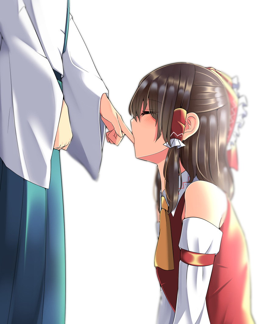 2girls absurdres bare_shoulders bloom blurry brown_hair closed_eyes commentary_request depth_of_field detached_sleeves finger_in_another's_mouth hakurei_reimu highres kneeling kochiya_sanae long_hair lower_body masochism mokutan_(link_machine) multiple_girls simple_background solo_focus standing touhou white_background wide_sleeves yuri