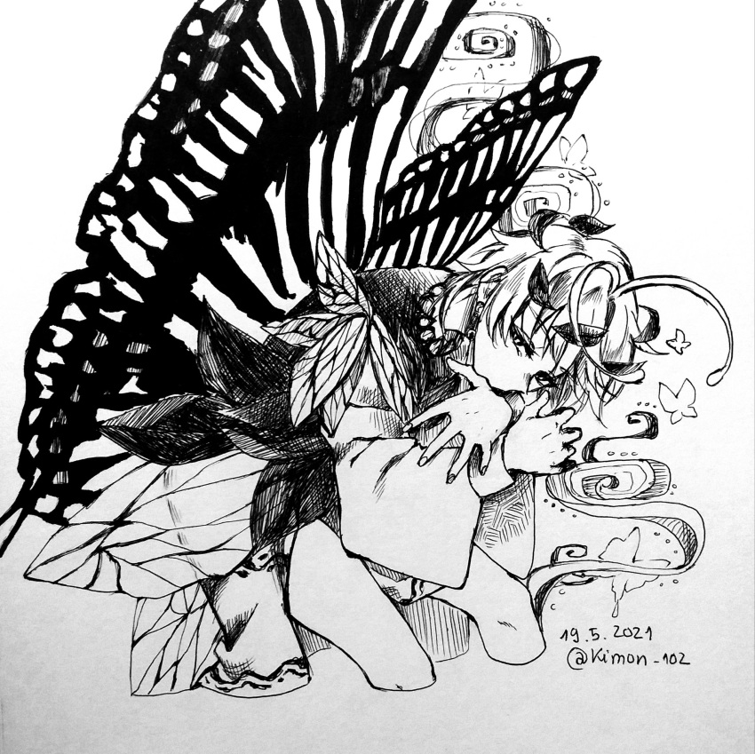 1girl adapted_costume animal antennae bug butterfly butterfly_wings dated dress eternity_larva eyebrows_visible_through_hair fairy feet_out_of_frame greyscale highres kimon_102 leaf leaf_on_head monochrome ponytail short_hair solo touhou traditional_media twitter_username vietnamese_commentary wings