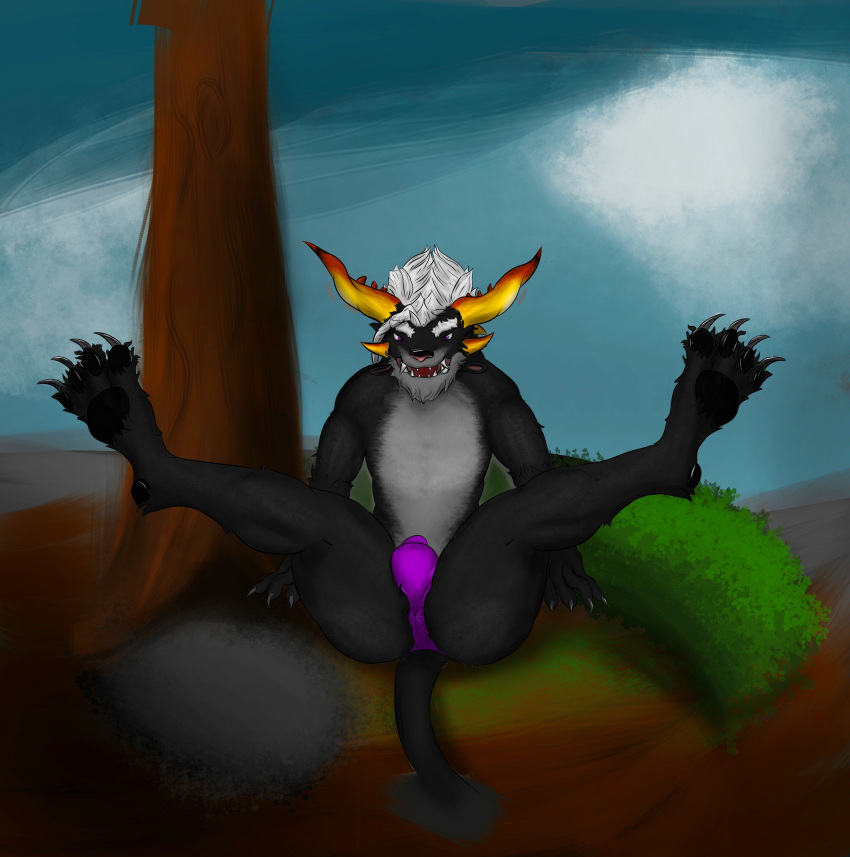 0mr-wolf0 absurd_res anthro charr claws clothed clothing fangs feet felid fur genitals guild_wars hi_res looking_at_viewer male male/male mammal open_mouth panties paws simple_background smile solo spread_legs spreading teeth toes tongue underwear video_games