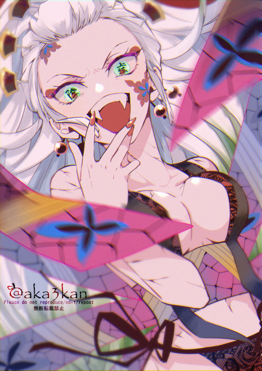 1girl aka_mikan artist_name black_panties blurry blurry_foreground breasts cleavage collarbone commentary_request cowboy_shot daki_(kimetsu_no_yaiba) depth_of_field dutch_angle earrings evil_smile eyelashes facial_mark fangs fingernails green_eyes hair_ornament hairpin hand_to_own_mouth highres jewelry kimetsu_no_yaiba lace lace_panties large_breasts looking_at_viewer navel open_mouth panties partial_commentary red_nails smile solo standing string_panties text_in_eyes underwear v-shaped_eyebrows white_hair