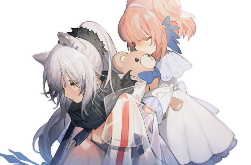 2girls animal_ear_fluff animal_ears arknights bangs blush breasts brown_eyes ceylon_(arknights) cleavage closed_mouth commentary covered_mouth double_bun dress eyebrows_behind_hair grey_hair hair_ornament hairband hairclip highres jacket long_sleeves medium_breasts multiple_girls nahonanaho object_hug open_clothes open_jacket pink_hair ponytail schwarz_(arknights) see-through sleeves_past_wrists stuffed_animal stuffed_toy teddy_bear white_background white_dress white_hairband white_jacket