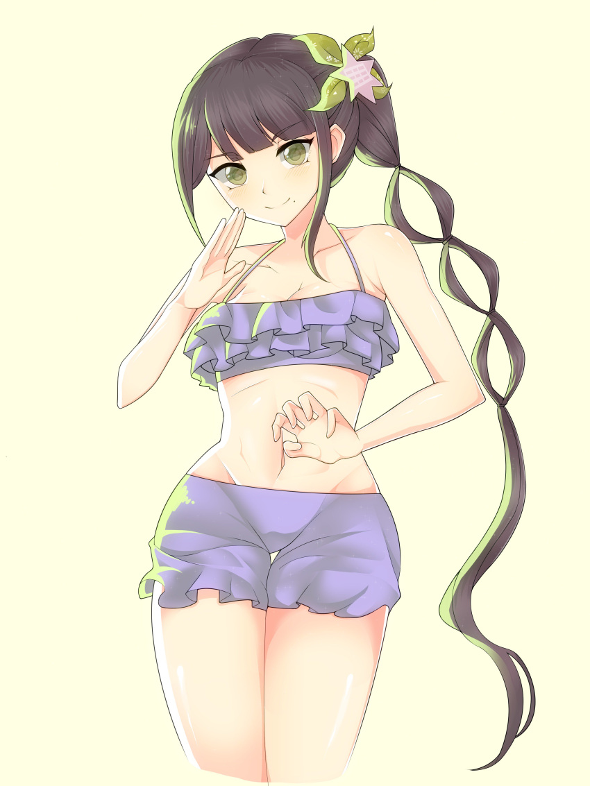 1girl absurdres alternate_costume bangs bare_arms bare_shoulders bikini bikini_shorts blunt_bangs blush breasts brown_eyes chabashira_tenko cleavage collarbone commentary_request cropped_legs danganronpa_(series) danganronpa_v3:_killing_harmony drill_hair eyebrows_visible_through_hair groin hair_ornament hand_up highres long_hair medium_breasts mole mole_under_mouth navel raimone_(nekokirinv3) shiny shiny_clothes shiny_skin shorts smile solo stomach swimsuit very_long_hair