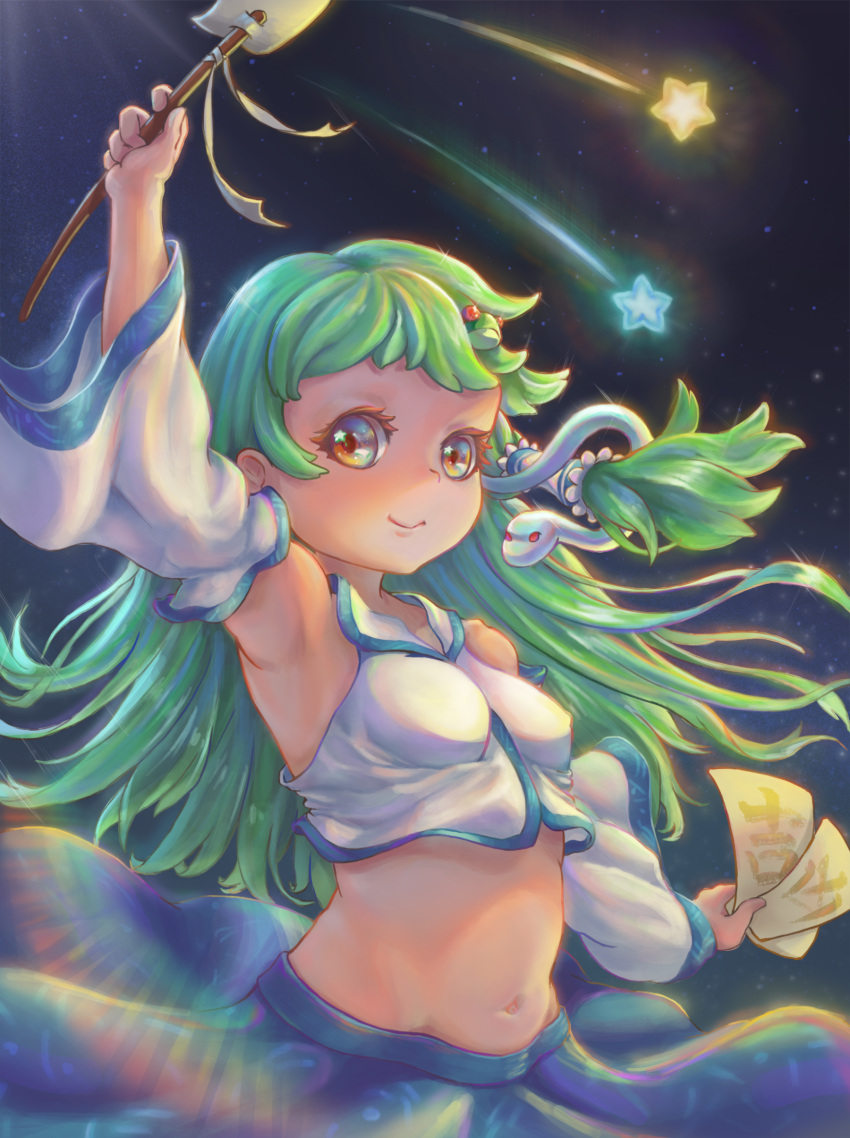 1girl absurdres arm_above_head armpits breasts closed_mouth glint gohei green_eyes green_hair highres holding holding_stick kochiya_sanae long_hair looking_at_viewer midriff navel no_eyebrows shooting_star short_bangs skirt small_breasts smile solo star_(symbol) star_in_eye stick symbol_in_eye touhou xiaoice0209