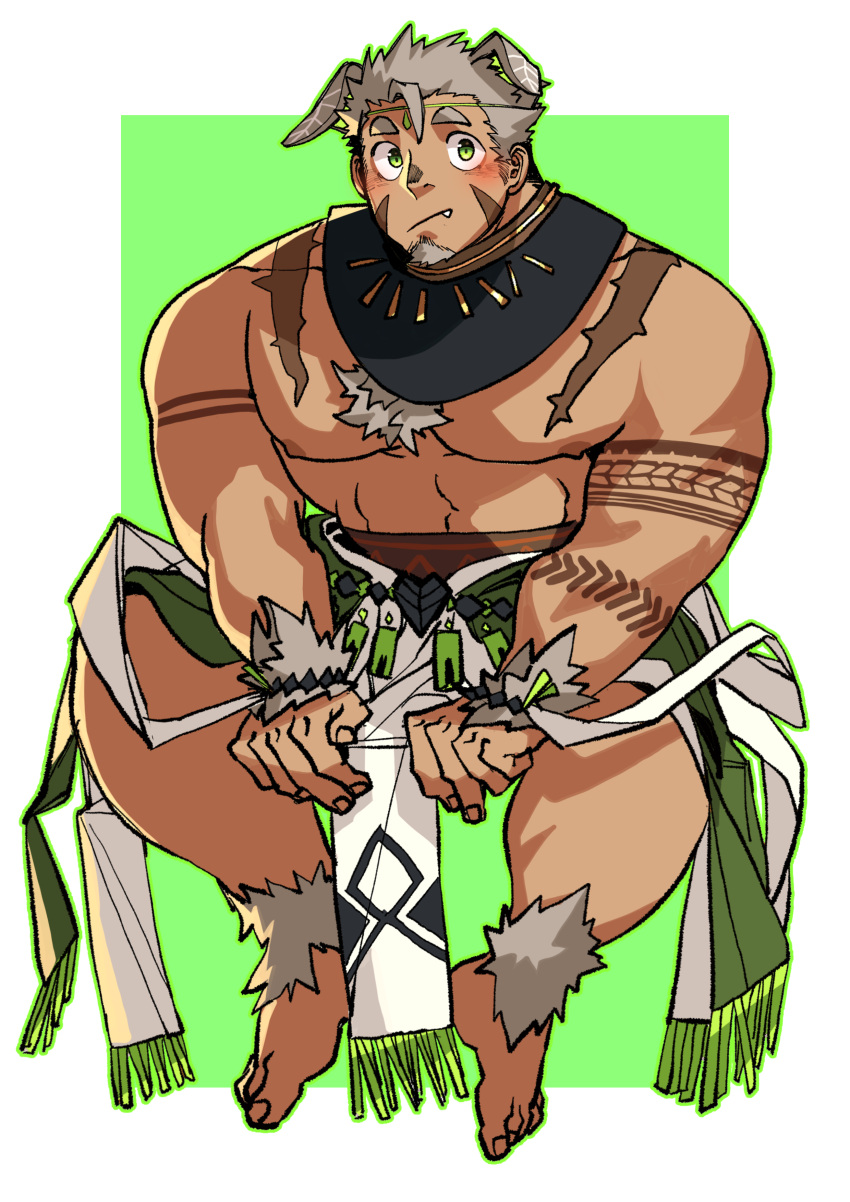 1boy 239_239 absurdres animal_ears bara blush body_fur chest_hair dog_boy dog_ears facial_hair fang full_body goatee gomeisa_(live_a_hero) green_eyes grey_hair highres large_pectorals live_a_hero looking_at_viewer male_focus muscular muscular_male nipples pectorals pelvic_curtain short_hair sideburns sitting solo tattoo topless_male tribal tribal_tattoo v_arms