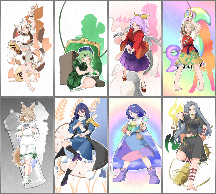 6+girls animal_ears arm_ribbon arm_up armor backpack bag bangs barefoot bell belt berusuke_(beru_no_su) black_shirt black_skirt blue_dress blue_eyes blue_hair boots bow brown_eyes brown_hair bug camouflage camouflage_headwear camouflage_shirt camouflage_skirt cape card cat_ears cat_tail centipede commentary_request commission crop_top dress flat_cap food fox_ears fox_girl fox_tail geta gold goutokuji_mike green_eyes green_hair green_shirt green_skirt grey_eyes grey_hair hair_between_eyes hair_ornament hair_ribbon hairband hat headpiece himemushi_momoyo holding holding_card holding_pipe iizunamaru_megumu japanese_clothes jewelry jingle_bell key_necklace kimono kiseru kneehighs koban_(gold) komakusa_sannyo kudamaki_tsukasa leg_ribbon leg_up long_hair long_sleeves looking_at_viewer magatama maneki-neko medium_hair midriff mouth_hold multicolored_clothes multicolored_dress multicolored_hair multicolored_hairband multiple_girls neck_bell onigiri orange_eyes parted_bangs patchwork_clothes patterned_clothing pauldrons pipe pocket pom_pom_(clothes) ponytail pouch purple_footwear purple_hair purple_skirt rainbow_gradient red_eyes red_footwear red_kimono red_shirt ribbon ring romper sash shirt short_hair short_sleeves shoulder_armor shovel sidelocks silhouette single_pauldron sitting skeb_commission skirt sky_print smile socks tail tamatsukuri_misumaru tengu-geta tenkyuu_chimata tokin_hat touhou two-sided_cape two-sided_fabric two-tone_hair unconnected_marketeers vial wheat white_dress wide_sleeves yamashiro_takane yellow_ribbon