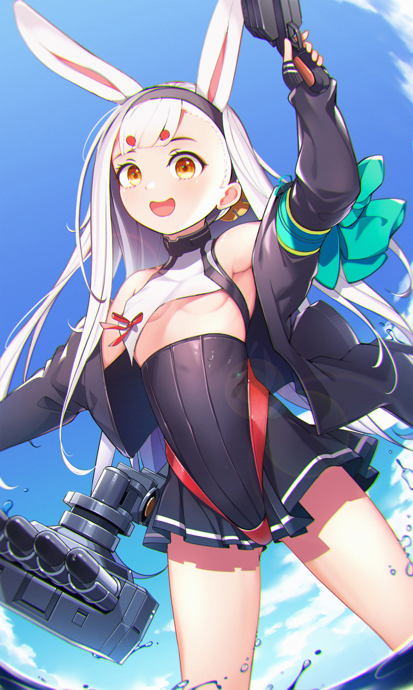 1girl absurdres animal_ears azur_lane bangs breasts brown_eyes eyebrows_visible_through_hair feet_out_of_frame gun hand_up highres holding holding_gun holding_weapon jacket long_hair looking_at_viewer no_bra on_water open_clothes open_jacket open_mouth purple_jacket purple_skirt rabbit_ears rabe26k shimakaze_(azur_lane) silver_hair skirt small_breasts solo standing underboob weapon