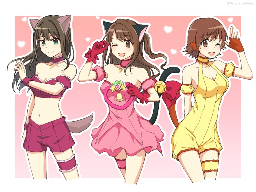 3girls ;d animal_ears arm_strap bare_legs bell border bow breasts brown_eyes brown_hair cat_ears cat_girl cat_tail choker cleavage closed_mouth collarbone cowboy_shot crop_top dog_ears dog_tail eyebrows_visible_through_hair floating_hair gloves green_eyes hair_intakes hand_warmer heart highres honda_mio idolmaster idolmaster_cinderella_girls jumpsuit long_hair medium_breasts midriff miniskirt multiple_girls navel new_generations_(idolmaster) one_eye_closed outline outside_border pink_background pink_choker pink_skirt red_bow red_choker red_gloves red_shorts setu_kurokawa shibuya_rin shimamura_uzuki shiny shiny_hair short_hair short_jumpsuit short_shorts shorts skirt sleeveless smile standing stomach strapless tail tail_bell tail_bow tail_ornament thigh_strap tokyo_mew_mew twitter_username white_border wristband yellow_choker yellow_jumpsuit