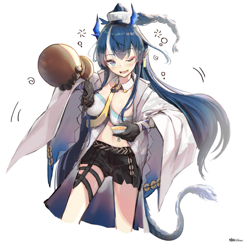 1girl ;d absurdres alcohol arknights bangs between_breasts black_gloves black_shorts blue_eyes blue_hair blush braid breasts cleavage coat cropped_legs cup detached_collar dragon_girl dragon_horns dragon_tail drink drunk earrings elbow_gloves eyebrows_visible_through_hair eyeshadow gloves gourd highres holding holding_cup horns jewelry large_breasts ling_(arknights) long_hair long_sleeves looking_at_viewer makeup motion_lines multicolored_hair navel necktie necktie_between_breasts one_eye_closed open_clothes open_coat open_mouth pointy_ears short_shorts shorts simple_background smile solo strapless streaked_hair tail thigh_strap two-tone_hair vchan very_long_hair white_background white_coat white_hair wide_sleeves yellow_necktie