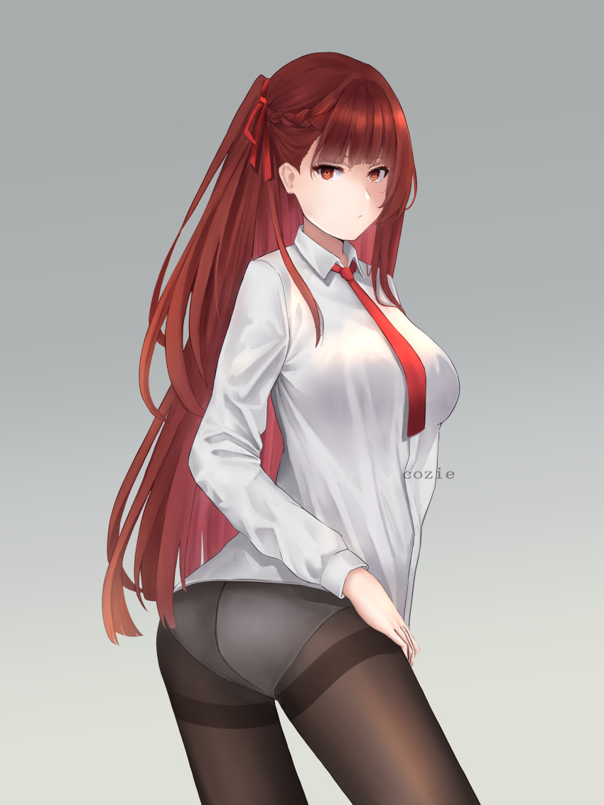 1girl absurdres artist_name ass bangs black_legwear braid breasts closed_mouth cozie178 eyebrows_visible_through_hair feet_out_of_frame french_braid girls'_frontline hair_ribbon highres long_hair looking_at_viewer necktie panties panties_under_pantyhose pantyhose red_eyes red_hair red_necktie red_ribbon ribbon shirt simple_background solo standing underwear wa2000_(girls'_frontline) white_panties white_shirt